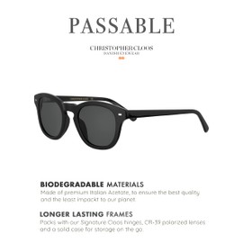 Christopher Cloos - Passable Noire - Round Polarized Sunglasses for Men & Women with Case - Trendy Sun UV Protection Glasses - Unisex