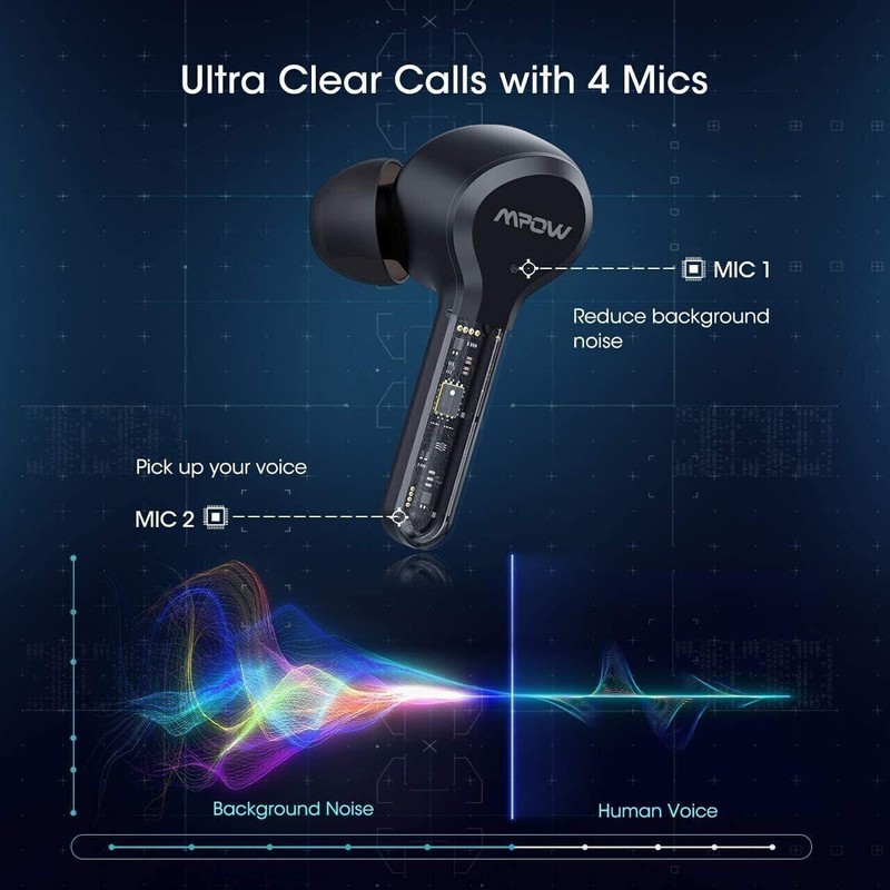 Black Mpow M9 Wireless Earbuds in Ear 4-Mic Noise Cancelling