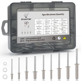 500Pcs 304 Stainless Steel Pop Rivets Kit, 9 SAE Sizes, 3/16" Assorted Blind Rivets with Washers & Case for Metal/Home/Automotive