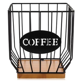 BTBHIHO Square Coffee Capsule Holder with Lid, Black Metal & Wood Coffee Pod Organizer, Corrosion-Resistant Iron Frame, Storage Basket for Bar Restaurant Home Kitchen