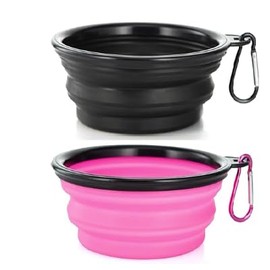 Collapsible Pet Bowl Set, Portable Silicone Travel Food Water Bowls with Carabiner Clip, Multi-Color, Space-Saving Design for Dogs Cats (Pink & Black)
