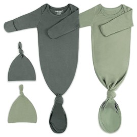 2Pk Newborn Baby Knotted Gown, Super Soft Silky Infant Long Sleeve Sleeper for Baby Sleeping with Hat or Headband (2 Packs, Size Newborn)