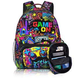 Nebcog School Backpack for Boys Gamer Boys Backpack for Kids Children Elementary Middle School Video Game Bookbag Backpacks for 6-18 Waterproof Lightweight 17 Inches Travel Back Pack