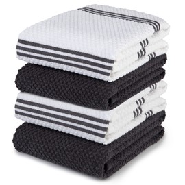 Sticky Toffee 100% Cotton Terry Tea Towel - Grey Plain & Stripe Pattern, Pack of 4 | Kitchen Towel Set | Absorbent, Strong, Quick Dry & Machine Washable | Home & Bathroom Accessories