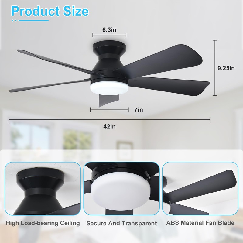 Depuley Modern Ceiling Fan with Light: 42-Inch Black Small Fans