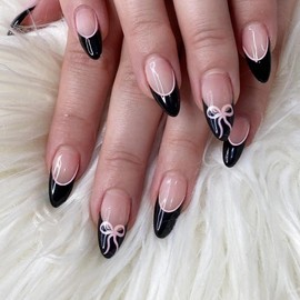 MERVF Almond Press on Nails Medium Fake Nails Black French Tip Glue on Nails Pink Bow Press ons Stiletto Gothic Acrylic False Nails Glossy 24pcs