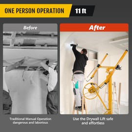 Drywall Lift 11FT, 150lb Capacity Heavy Duty Sheetrock Hoist w/Telescopic Arm & Locking Wheels, Steel Panel Lifter for Ceiling, Construction, One-Person Drywall Installation