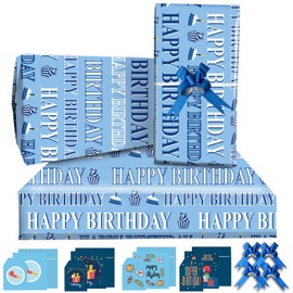 Wrapping Paper Blue,Birthday Wrapping Paper Jumbo Size 85 * 60cm,8 Sheets Happy Birthday Paper With 8 Blue Bows,8 Birthday Cards,8 Gift Tags,Gift Wrap Pack For Boys Men Kids