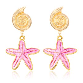 QLYOVWE Dainty Starfish Earrings for Women 14K Gold Plated Sea Shell Enamel Dangle Earrings Retro Chic Summer Vacation Beach Jewelry Gifts (Pink)