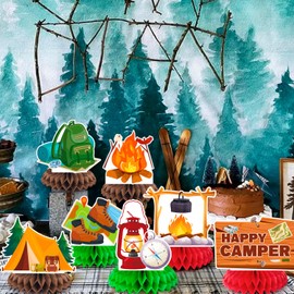 Camping Honeycomb Centerpieces, 9 Pcs Camping Party Honeycomb Centerpieces/Happy Camper Honeycomb Centerpieces/Camper Table Centerpieces for Camping Party Decorations & Camp Birthday Decorations