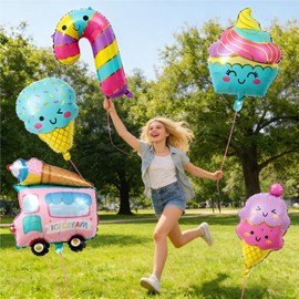 5 Pack Ice Cream Foil Balloons - Cute Cartoon Ice Cream Truck, Double Scoop, Cupcake, Single Scoop & Candy Cane Mylar Balloons for Sweet Themed Birthday Party, Baby Shower, Dessert Party Decorations
