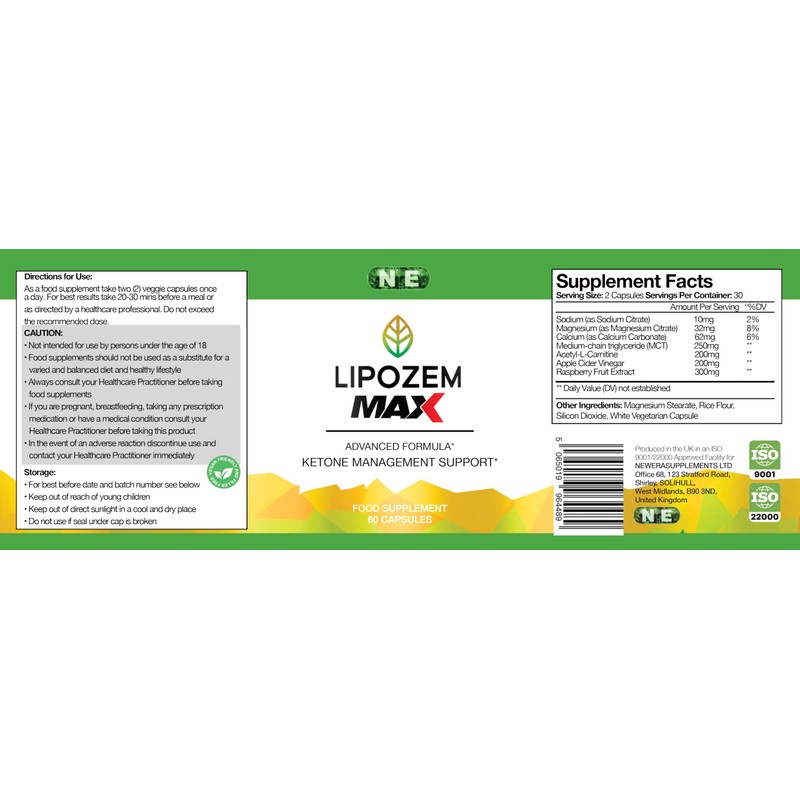 N E Lipozem Max Vegan Food Supplement, 60 Capsules, Keto