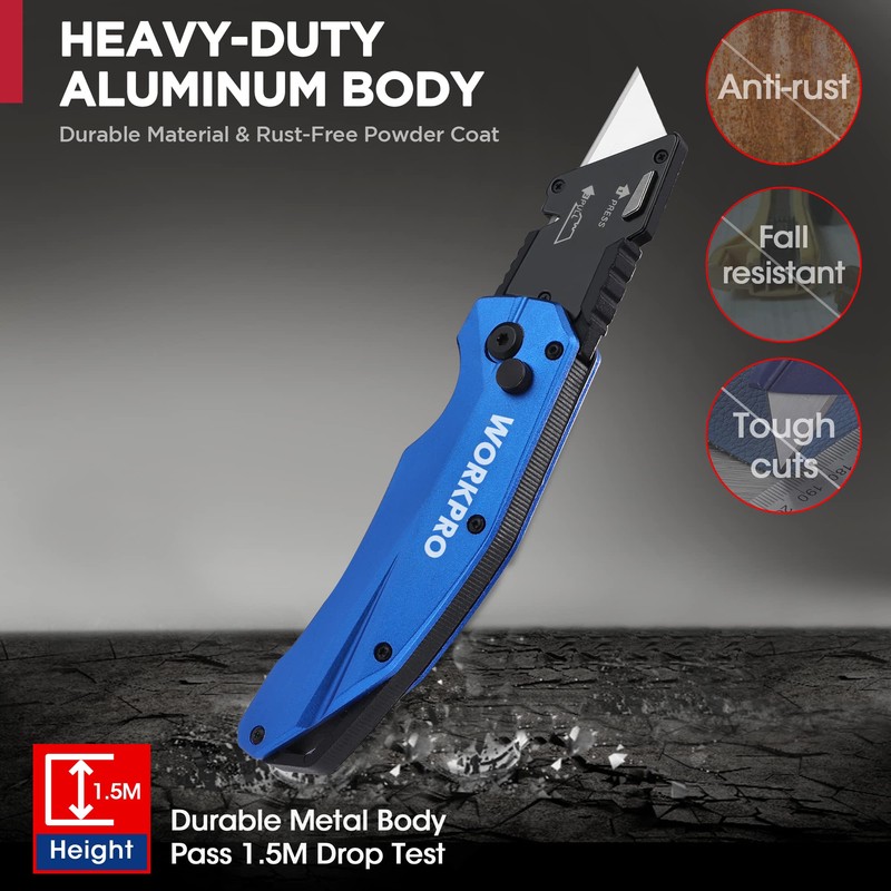 WORKPRO Folding Utility Knife, Heavy Duty Metal, Quick Open Botton