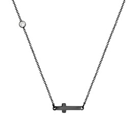 555Jewelry Side Cross Necklace Polished Stainless Steel Women Small Cross Necklace for Women Horizontal Cross Necklace Black 18" Chain, Metal, Cubic Zirconia