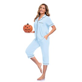 COLORFULLEAF Womens Cotton Pajama Sets Short Sleeve Button Down Sleepwear Summer Capri Pants Pjs with Pockets (Light Blue, Medium)