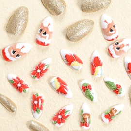24Pcs Christmas Press on Nails Medium Almond CEWEWP Fake Nails Acrylic False Nails with Small Bell Bow Design Santa Claus Artificial Glue on Nails Golden Powder Powder Stick on Nails for Women