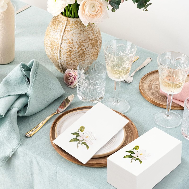 FYSUIMU 100Pcs Magnolia Floral Paper Guest Napkin White Flower Bathroom
