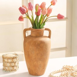 Lyeec Large Ceramic Rustic Farmhouse Vase,11.41 inch Terracotta Vase with 2 Handles, Vintage Flower Vase for Home Decor, Living Room Shelf Decor, Enterway, Table (Brownish Yellow)