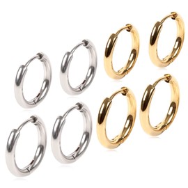Adelina Style Hoop Earrings, Popular, 4 Pair Earrings, 0.1 inch (2.5 mm), Width 0.1 inch (2.5 mm), Surgical Stainless Steel, Hypoallergenic to Metal, Hoop Earrings, 18G, Unisex, Binaural, Stainless