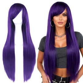 Peluca Morado Oscuro Larga 80CM para Mujer, Pelo Largo y Liso Natural Cosplay Fiesta Halloween Disfraz con Ajuste Cómodo y Material Resistente al Calor