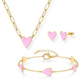 Kakonia Jewellery Set for Women 14K Gold Plated Heart Women's Jewellery Sets,Cute Heart Necklace Adjustable Heart Women's Bracelet Heart Earrings for Girl Gold Jewellery Set - Hot Pink
