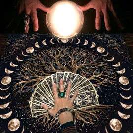 Moon Phase Tree of Life Tarot Reading Cloth,49x49cm Soft Velvet Altar Cloth for Tarot Cards Reading, Witchcraft Divination Supplies with Black Storage Bag for Oracle Cards, Wiccan Spiritual Decor