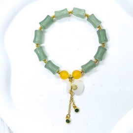 Zhang shine Bamboo Bracelet Jade Stones Lucky Money Bag Pendant Charm Stretch Beaded Bracelets For Women Fengshui Jewelry-Lucky