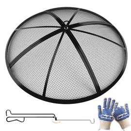 Fire Pit Spark Screen, Outdoor 27 Inch Round Fire Pit Screen with Foldable Hook and Fire Safety Gloves, Heavy Duty Steel Mesh Fire Pit Cover, Fire Pit Lid for Backyard, Beach, RV Camping