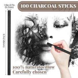 Gueevin 100 Pcs Willow Charcoal Sticks, Willow Charcoal, Artists, Beginners, Students, Perfect for Sketching, Drawing, Shading, and Fine Art Christmas Gifts for Art (5-7mm)