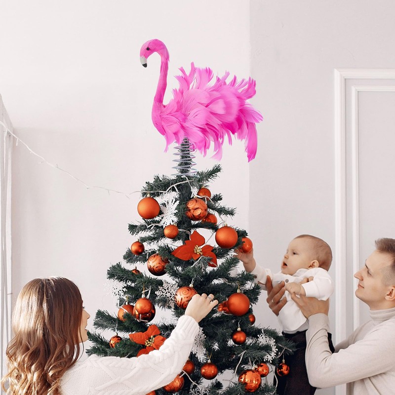 Pink Flamingo Christmas Tree Topper, Fluffy Feather Flamingo Tree Topper,