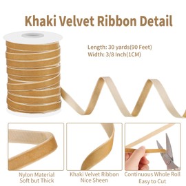 30 Yards Khaki Velvet Ribbon 3/8 Inch Vintage Thin Ribbons Velvet Bows for Choker Gift Wrapping Bouquet Door Garland Christmas Tree Decorations