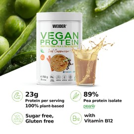 Weider Weider Vegan Protein (750g) Iced Cappuccino Flavour. 23g Protein/dose, Pea Isolate (Pisane) & Rice Protein. with Vitamin B12 & Stevia. Gluten Free, Sugar Free. Packaging 50% Recycled 100% Recyclable