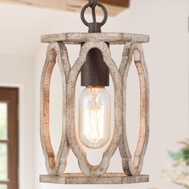 KSANA Farmhouse Pendant Light, Wood Rustic Cage Lantern Hanging Light Fixture for Kitchen Island, Foyer, Hallway, Bedroom and Entryway