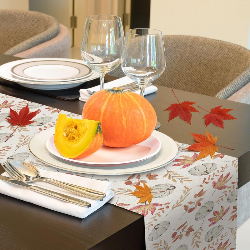 DTCSWACN Orange Pumpkins Fall Maple Leaves Thanksgiving Table Runner, Seasonal
