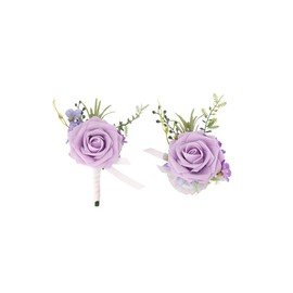Yelinart Lilac Purple Wrist Corsage and Boutonniere Set for Wedding Prom Homecoming Artificial Rose Flowers Men Groom Groomsmen Boutonniere and Women Gril Bridesmaids Wristlet Bracelet Suit Decor
