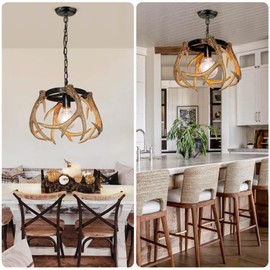 Debemenes Rustic Antler Chandelier, Adjustable Height Farmhouse Chandeliers with Resin 4 Antlers and Retro Metal Wagon Wheel Chandelier Vintage Style for Dining Room, Kitchen, Hallway, Entryway
