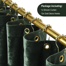 TAMGHO Crushed Velvet Shower Curtain, Dark Green Luxury Shower Curtain with Gold Decro Metal Hooks, Machine Washable Thick Fabric Bathroom Curtain, 72x72