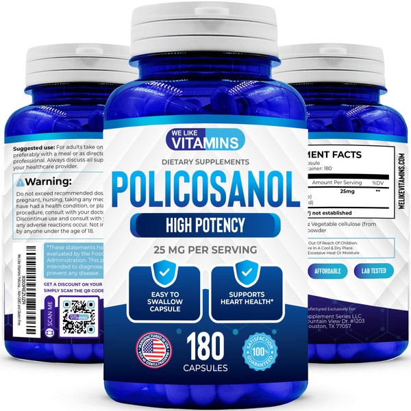 We Like Vitamins Policosanol 25mg - 180 Capsules - Policosanol Supplement Made from Natural Sugar Cane - Non-GMO and Gluten-Free