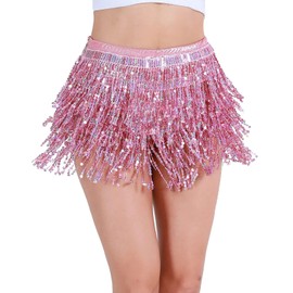 ZPLxi Women's Sequin Tassel Skirt Shinny Adjustable Rave Fringe Belly Dance Hip Scarf Tutu Petticoat Skirt for Cosplay Costume Pink