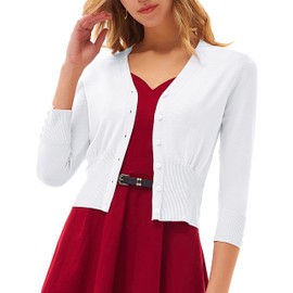 GRACE KARIN Women's Cropped Cardigan 3/4 Sleeve V-Neck Button Down Open Front Ribbed Knit Shrug Sweater Bright White