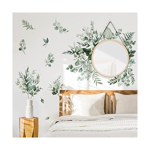 decalmile Botanical Green Leaves Wall Stickers Eucalyptus Leaf Plants Wall Art Decals Bedroom Living Room TV Background Wall Decor