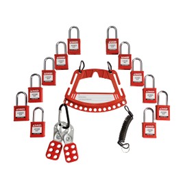 BRADY Portable Lockout Padlock Station, Lockout Tagout Locks Rack, Fits 12 Padlocks, Red Keyed Different Safety Padlocks Set (1 Key Per Lock), Handheld Safety Locks Organizer and Storage - 153677