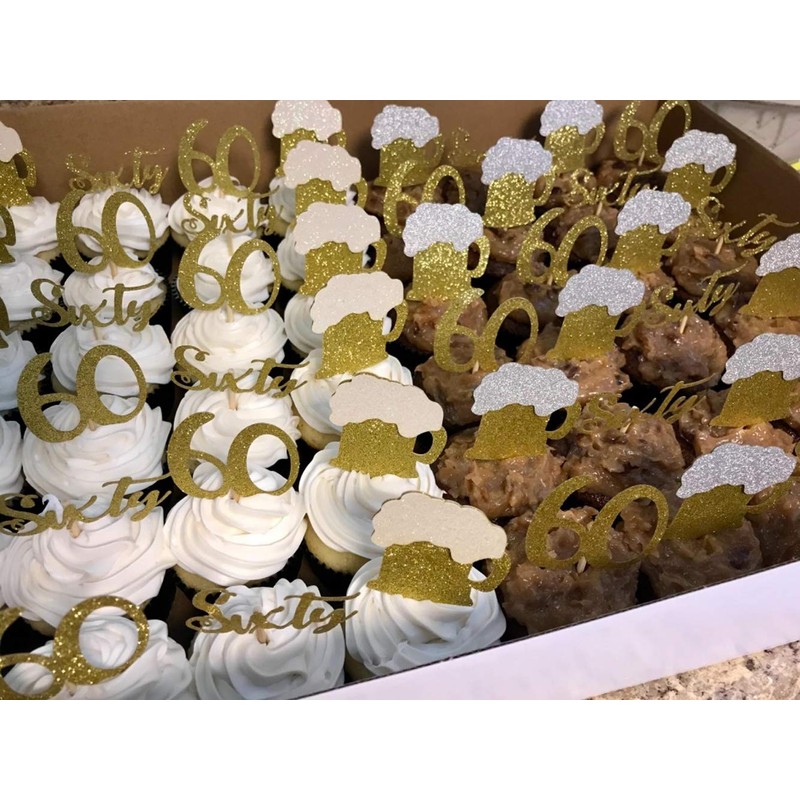 24 PCS Gold Glitter Beer Mug Cupcake Toppers Food Cake