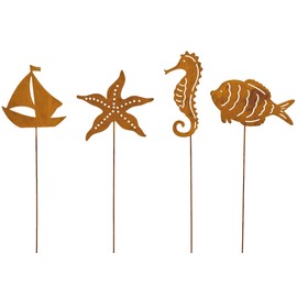 B2S BACK2SEASON Metal Stake Ship Starfish Seahorse Fish Rust Garden Stake Decoration Height Approx. 32 cm Set of 4