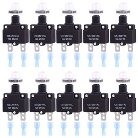 Swpeet 30Pcs 10Amp Thermal Circuit Breaker with Quick Connect Terminals and Waterproof Button Caps Assortment Kit,Waterproof Push Button Manual Reset Circuit Breaker 32V DC 125/250VAC 50/60Hz