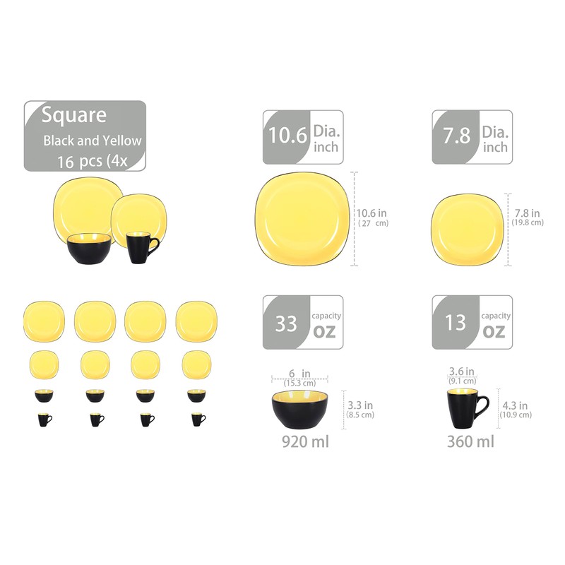 HomeVss, Stoneware Square 16pc Dinnerware Set, Inside Shiny Yellow +