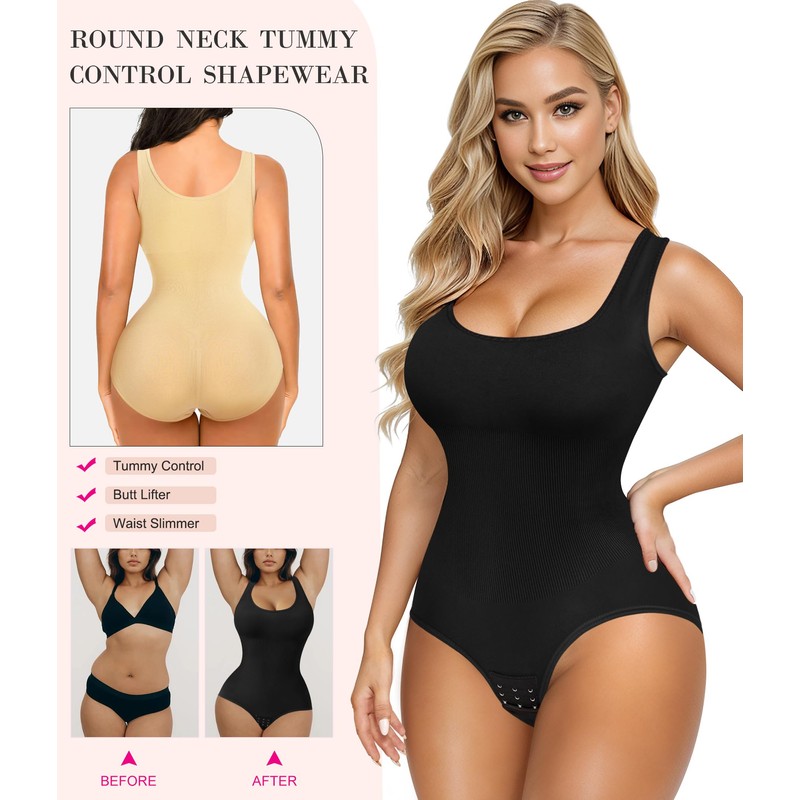 Nebility Womens' Waist Trainer Seamless Round Neck Tummy Control Shapewear