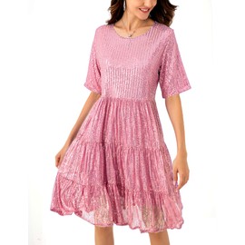 JKLESA Sequin Babydoll Summer Dress，Sparkly Glitter Dress Short Flowy Tiered Tunic for Women Party Club Night (US, Alpha, Small, Regular, Regular, Pink)