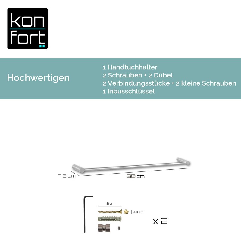 Kon-fort Home Towel Rail 30 cm for Drilling Bathroom Brushed