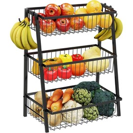 Simple Trending 3 Tier Fruit Basket Metal Wire with 4 Banana Hooks, Countertop Fruit Vegetable Basket Kitchen Organizer for Bread Snack Veggies Produce, Black - Size: 2 Tier, Color: default